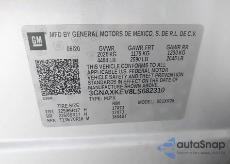 2020 Chevrolet Equinox Fwd Lt 1.5L Turbo z USA, uszkodzony, nr VIN 3GNAXKEV8LS682310